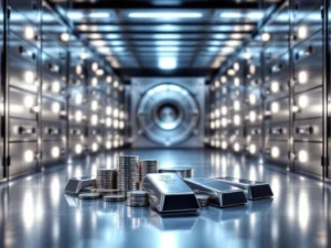 Zilveren staafjes en munten in professionele kluisruimte met veiligheidsdepositieboxen en LED-verlichting