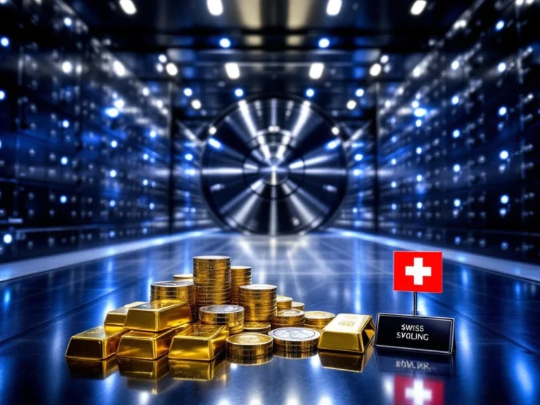 Zwitserse bankkluis met goudstaven, zilveren munten en stalen kluisjes onder LED-verlichting met Zwitserse vlag