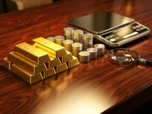 Goudstaven, zilveren munten en platina stukken netjes gerangschikt op mahonie bureau met weegschaal en vergrootglas