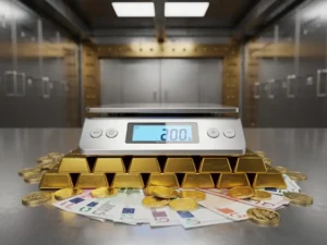 Digitale weegschaal toont 200 gram met gouden munten en staven, eurobiljetten op stalen ondergrond in kluis
