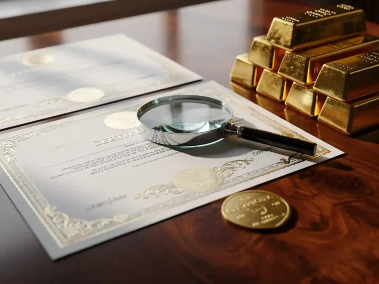 Gouden staven en certificeringsdocumenten met vergrootglas op mahonie bureau, warme natuurlijke belichting