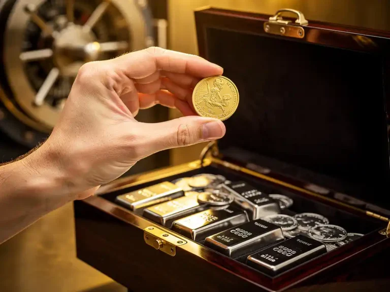 Handen houden gouden munt boven houten sieradendoos met zilveren munten en staven, bankkluis op achtergrond