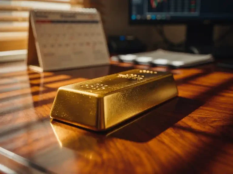 Gouden staaf op mahoniehout bureau naast financiële kalender 2026, ochtendlicht door jaloezieën werpt schaduwen