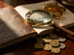 Verweerd leren investeringsdagboek uit 2004 naast goudstaven en vintage Nederlandse gulden munten op antiek mahoniehout bureau