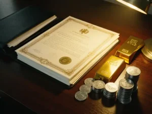 Officiële documenten en certificaten op donkere houten bureau met gouden staven en zilveren munten, leren portfolio gedeeltelijk geopend