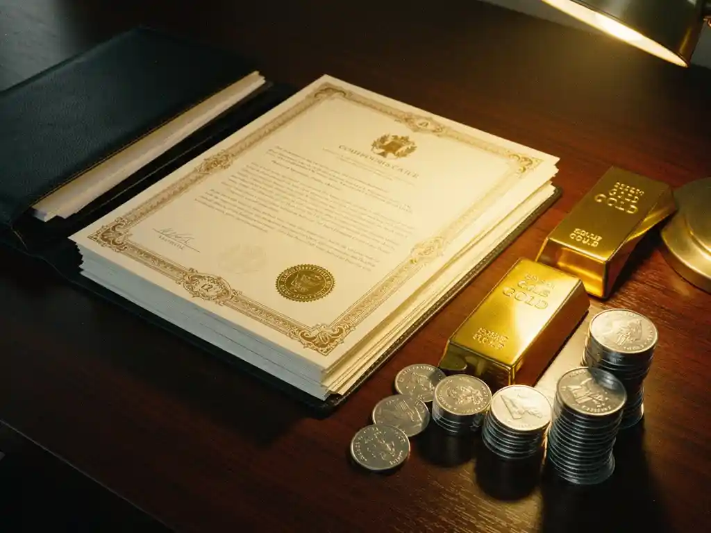 Officiële documenten en certificaten op donkere houten bureau met gouden staven en zilveren munten, leren portfolio gedeeltelijk geopend