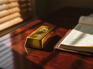 Gouden staaf op mahoniehout bureau naast opengeslagen grootboek met handgeschreven prijsgrafieken in warm zonlicht