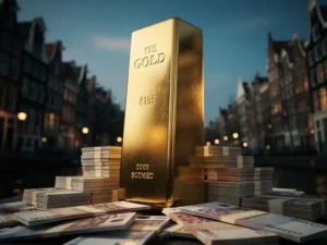 Gouden staaf torent verticaal boven euro bankbiljetten tegen Nederlandse stadsachtergrond met warme gouden verlichting