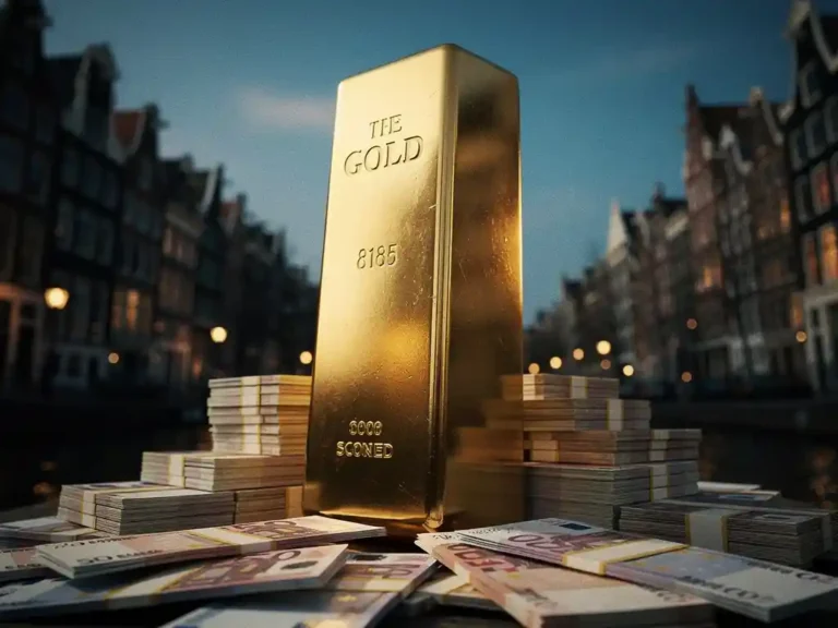 Gouden staaf torent verticaal boven euro bankbiljetten tegen Nederlandse stadsachtergrond met warme gouden verlichting