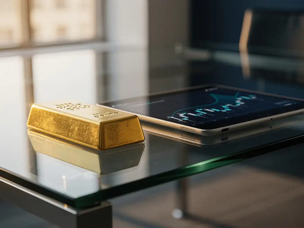 Gouden staaf op glazen bureau naast tablet met financiële grafieken in warm natuurlijk licht