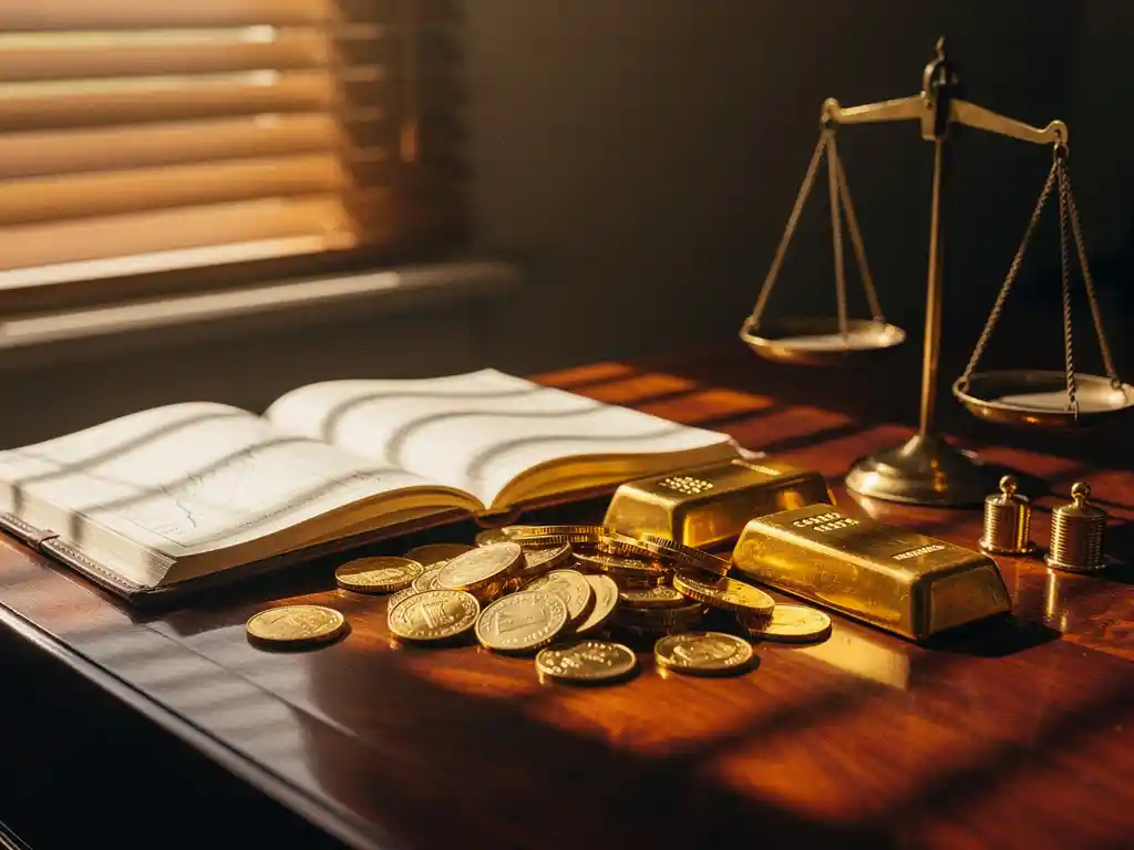 Gouden munten en staven op mahoniehouten bureau naast open financieel grootboek, met vintage messing weegschaal en warme middagzon door jaloezieën
