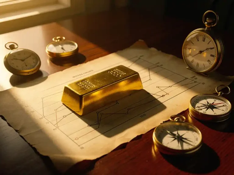 Gouden staaf op perkament met tijdlijn grafiek, omringd door vintage zakhorloges en kompas op mahoniehout bureau