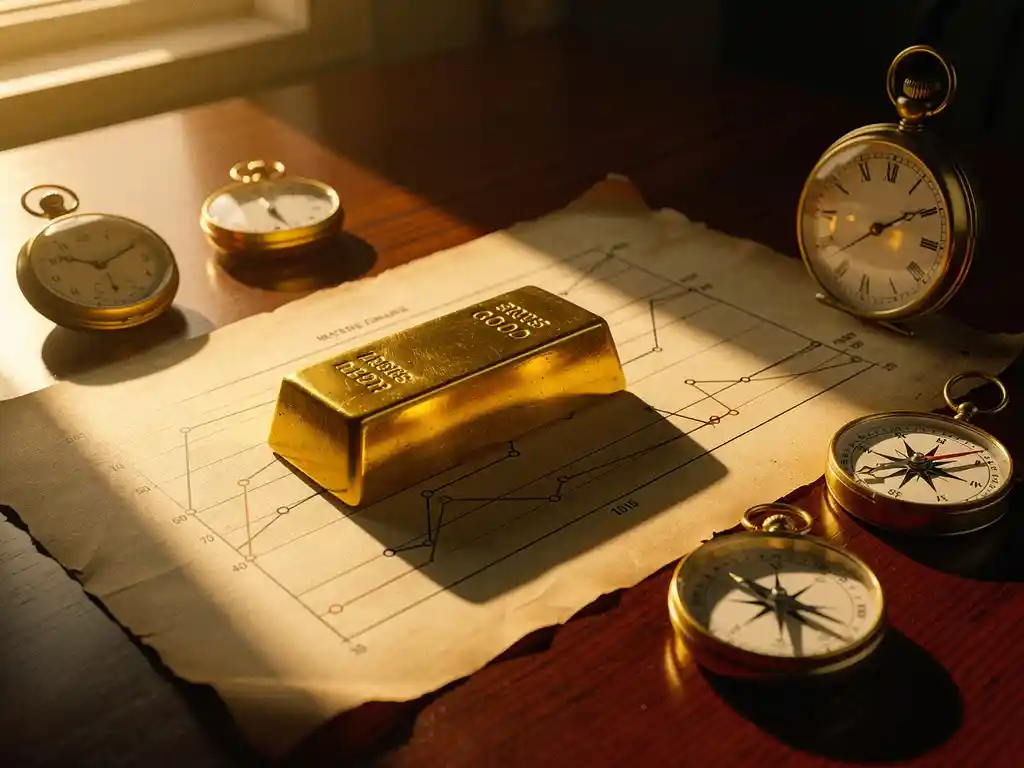 Gouden staaf op perkament met tijdlijn grafiek, omringd door vintage zakhorloges en kompas op mahoniehout bureau