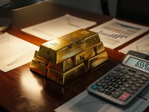 Stapel gouden staven op mahoniehout bureau omringd door financiële documenten en rekenmachine met dalende cijfers