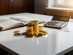 Gouden munten en staafjes naast opengeslagen grootboek en rekenmachine op wit bureau in professioneel kantoor