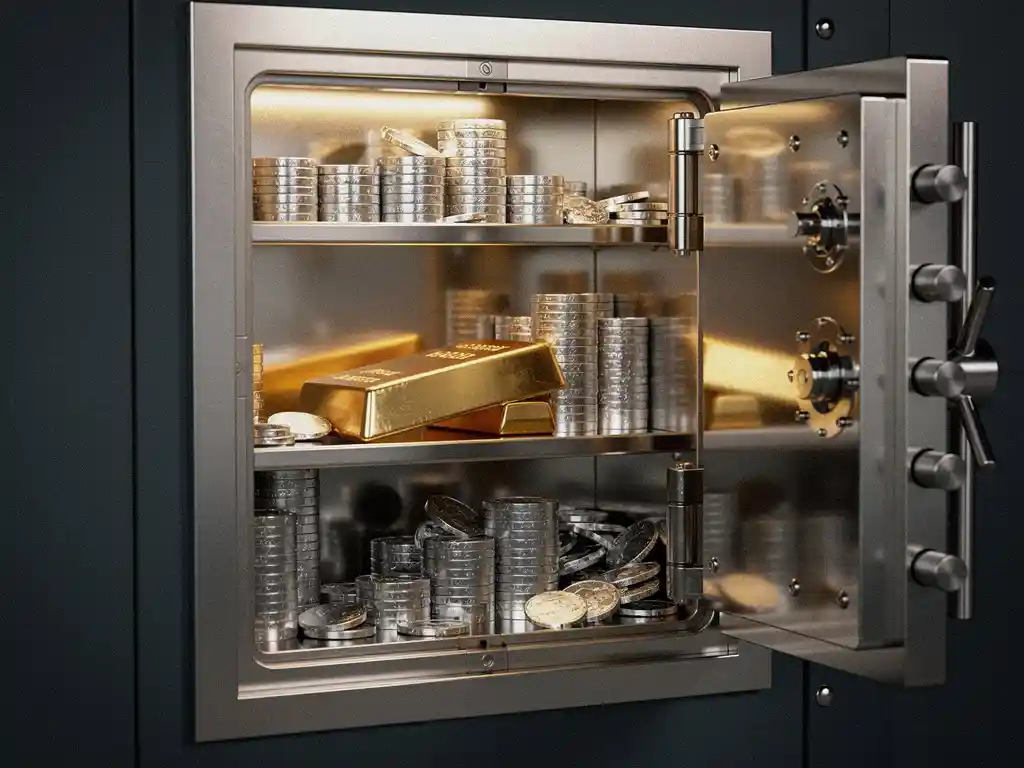 Gouden staaf in open professionele kluiskluis omringd door zilveren munten en platina stukken met warme reflecties