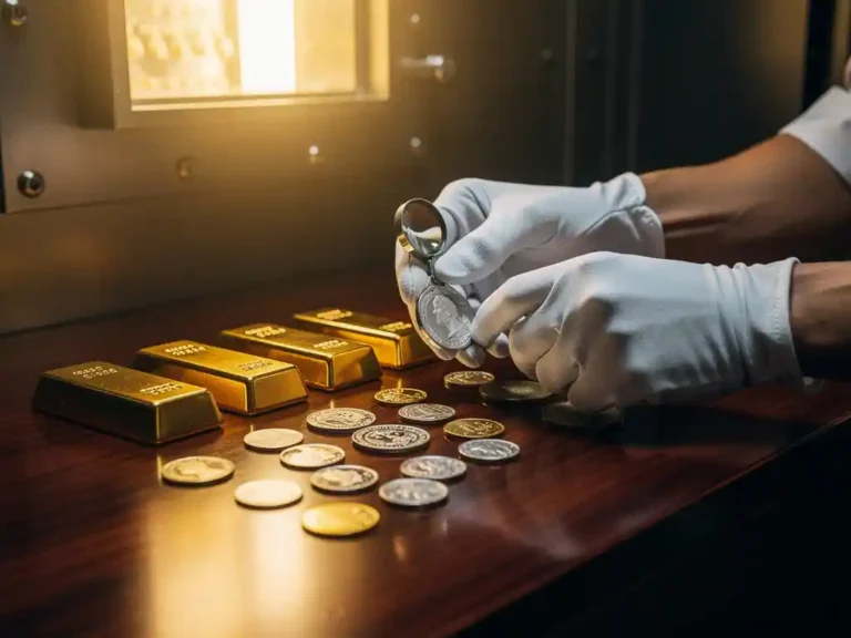 Handen in witte handschoenen onderzoeken goudstaven en zilveren munten op mahonieholten tafel met juweliersloep