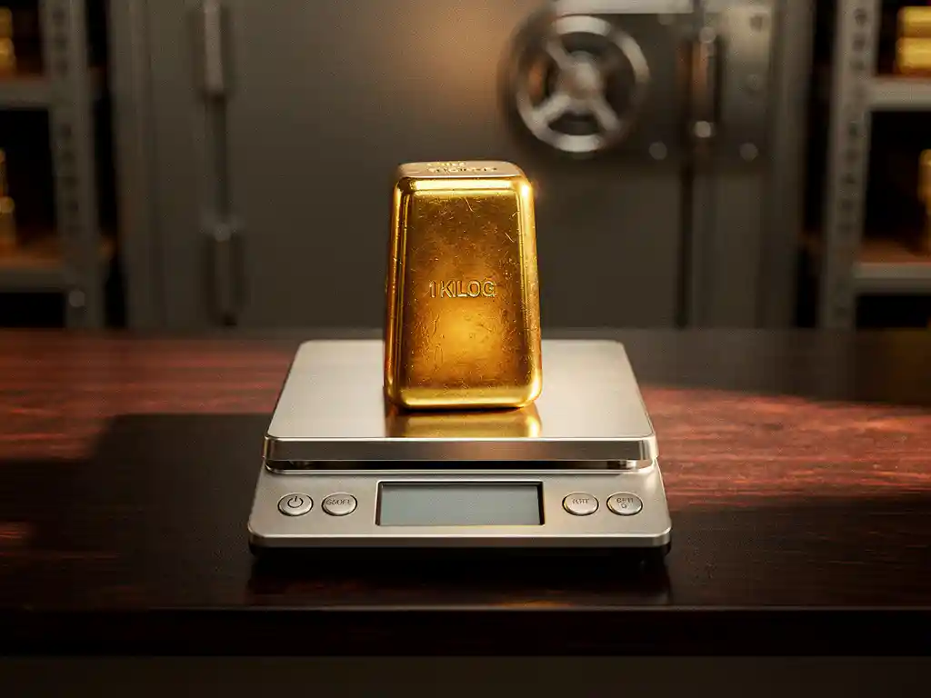 Gouden staaf van 1 kilogram op digitale precisieweegschaal op mahoniehout bureau in professionele kluis