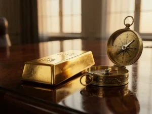 Gouden staaf op mahoniehout bureau naast vintage messing kompas wijzend naar 2026, zachte ochtendlicht door hoge ramen