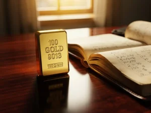 Glanzende 100-gram goudstaaf op mahoniehout bureau naast opengeslagen leren grootboek met handgeschreven berekeningen