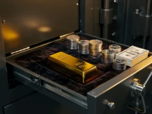 Gouden staaf in open kluislade met fluwelen bekleding, omringd door zilveren munten en certificaten in bankkluis