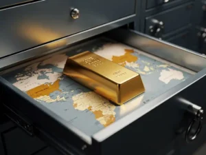 Gouden staaf in open kluisdoos met wereldkaart waarop Nederland en Zwitserland zijn gemarkeerd