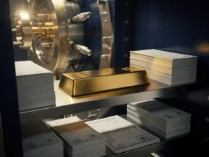 Goudstaaf in geopende Zwitserse bankkluis omringd door belastingdocumenten en internationale formulieren