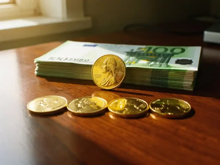 Gouden munt en stapel eurobiljetten op houten bureau in warm zonlicht