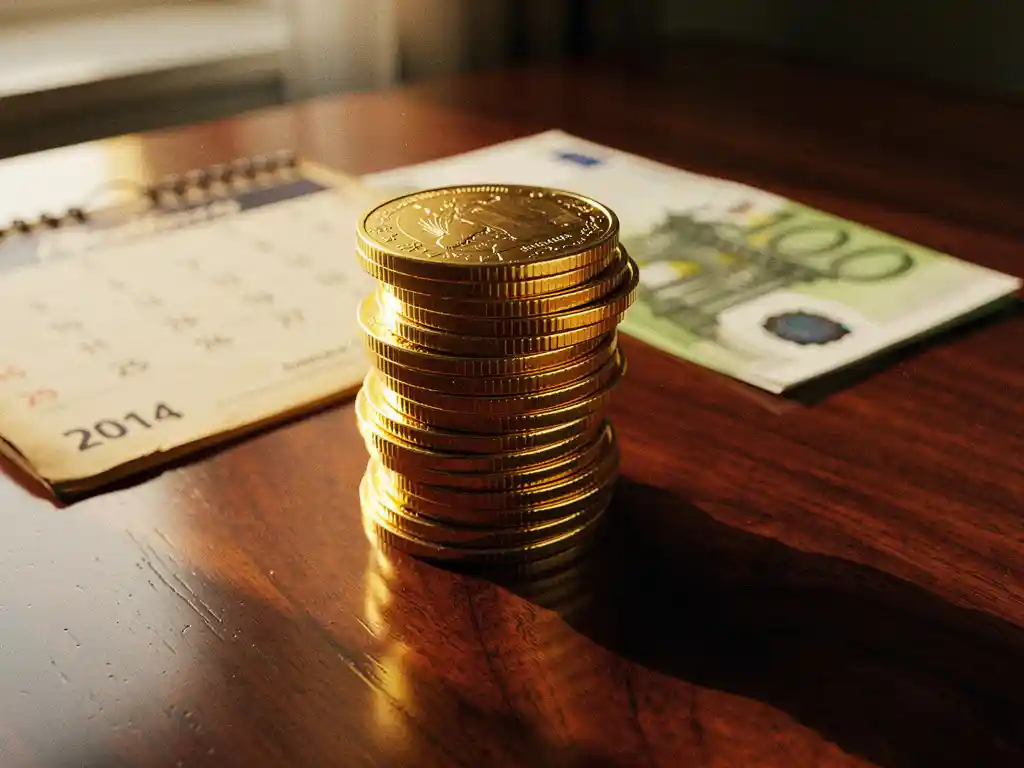 Gouden munten stapel op mahonie bureau met 2014 kalender en 1000 euro biljet in warm zonlicht