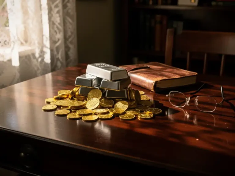 Gouden munten en zilveren staven op donkere houten tafel in Nederlandse studeerkamer met warme middagzon door gordijnen