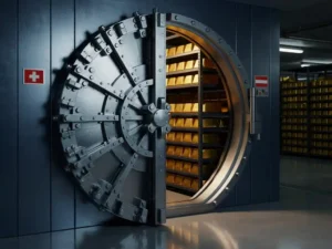 Massieve stalen kluisdeur staat op een kier en toont gouden staven op planken in ondergrondse kluis met Nederlandse vlag