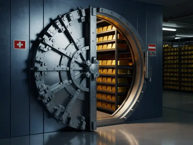 Massieve stalen kluisdeur staat op een kier en toont gouden staven op planken in ondergrondse kluis met Nederlandse vlag