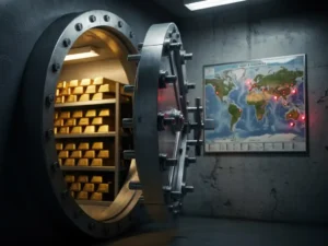 Zwaar beveiligde kluisdeur staat op een kier en toont gouden staven op planken, wereldkaart met rode spanningspunten aan betonnen muur