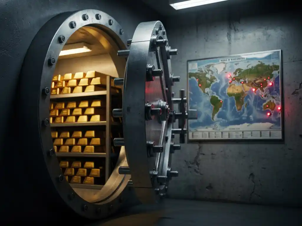 Zwaar beveiligde kluisdeur staat op een kier en toont gouden staven op planken, wereldkaart met rode spanningspunten aan betonnen muur