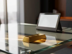 Gouden staaf op glazen bureau naast digitale kalender die 2030 toont in moderne kantooromgeving