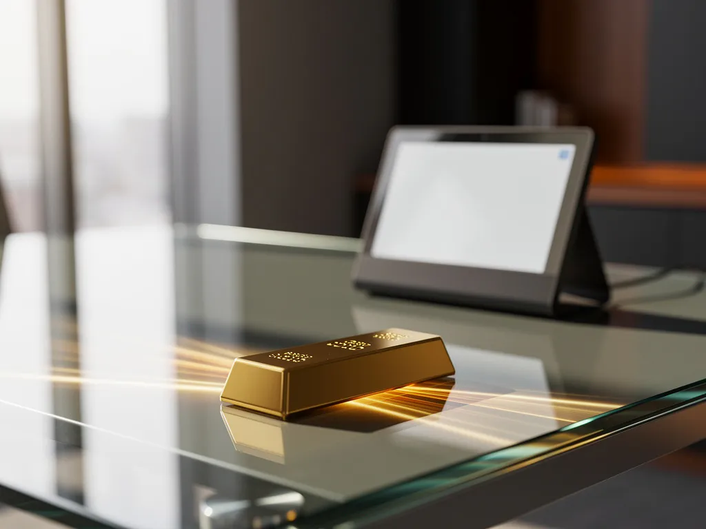 Gouden staaf op glazen bureau naast digitale kalender die 2030 toont in moderne kantooromgeving