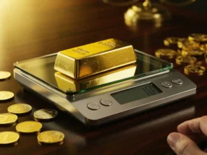 Gouden staaf op digitale weegschaal met verspreide gouden munten op mahoniehout bureau