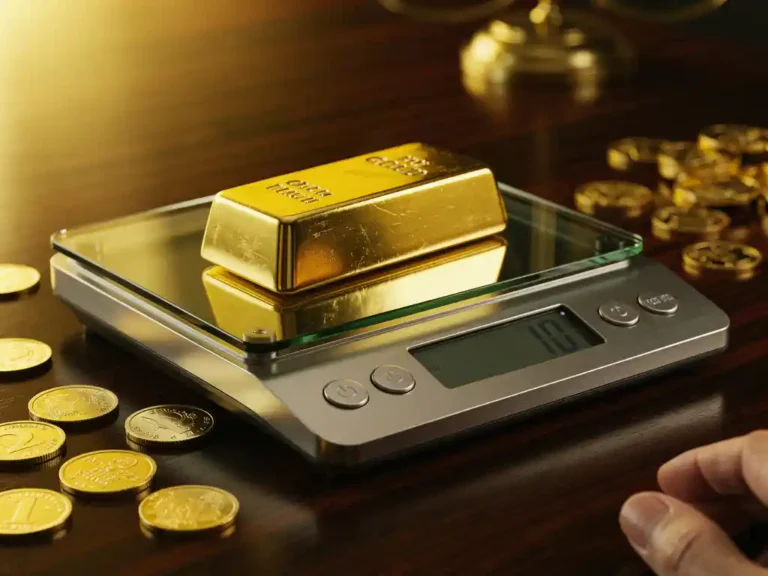 Gouden staaf op digitale weegschaal met verspreide gouden munten op mahoniehout bureau