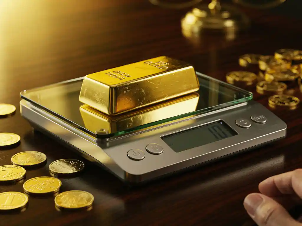 Gouden staaf op digitale weegschaal met verspreide gouden munten op mahoniehout bureau