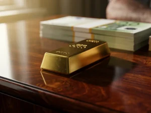 Gouden staaf op mahoniehout bureau naast stapels eurobiljetten in warm natuurlijk licht
