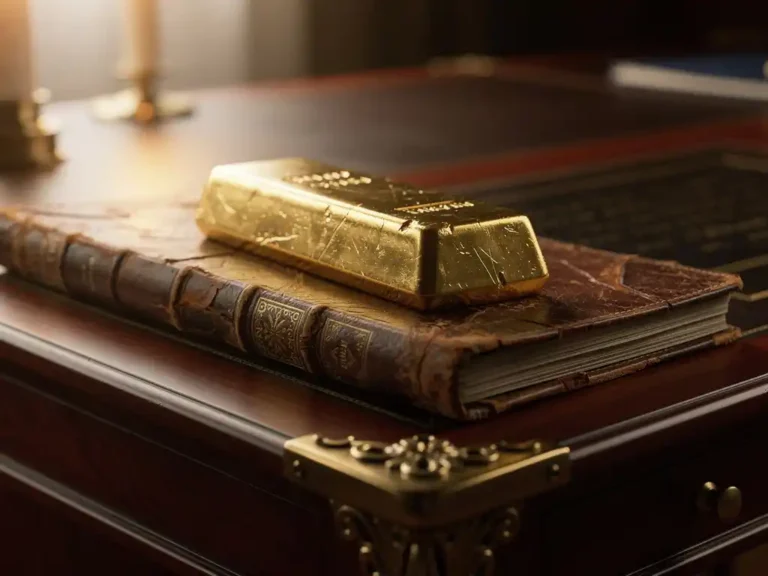 Gouden staaf op antieke leren financiële documenten bij kaarslicht op mahonie bureau