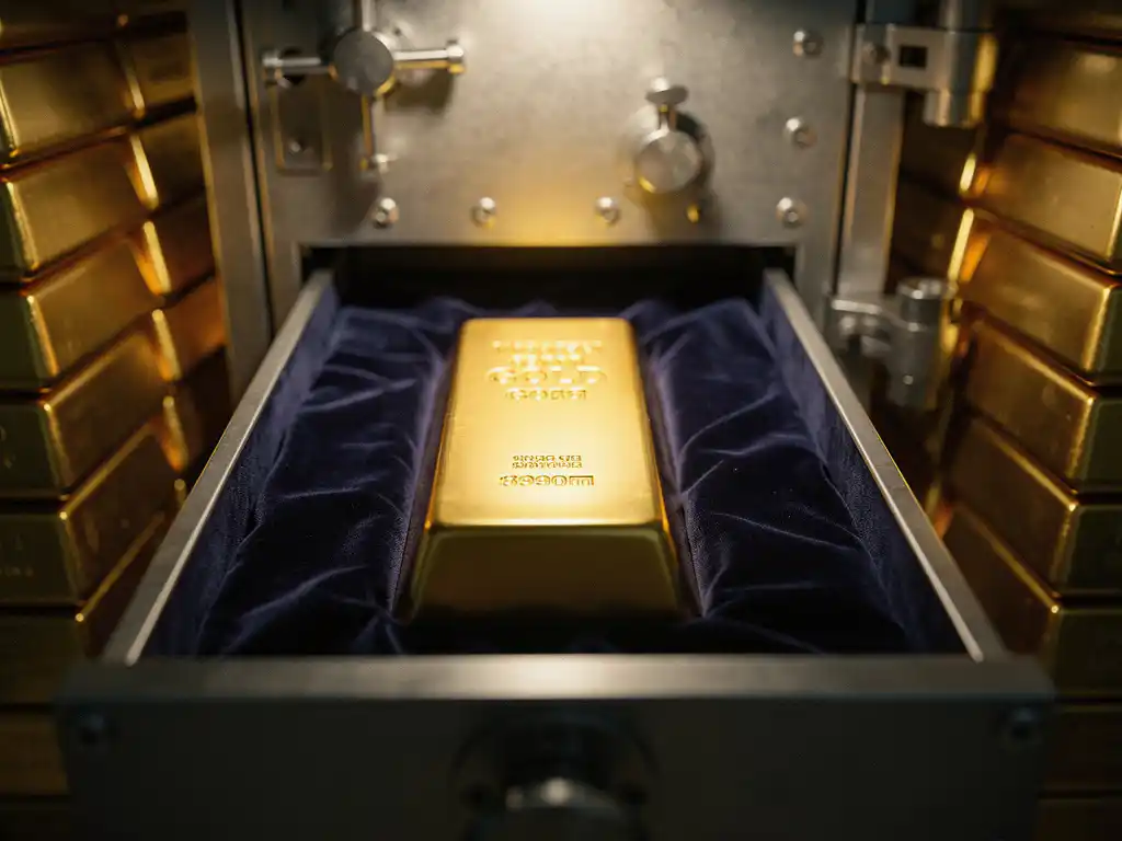 Gouden staaf in open kluislade met marineblauw fluweel, omringd door andere edelmetalen in warm licht