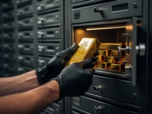 Goudstaaf wordt met gehandschoende handen uit moderne kluiscompartiment getild in veilige bewaarfaciliteit