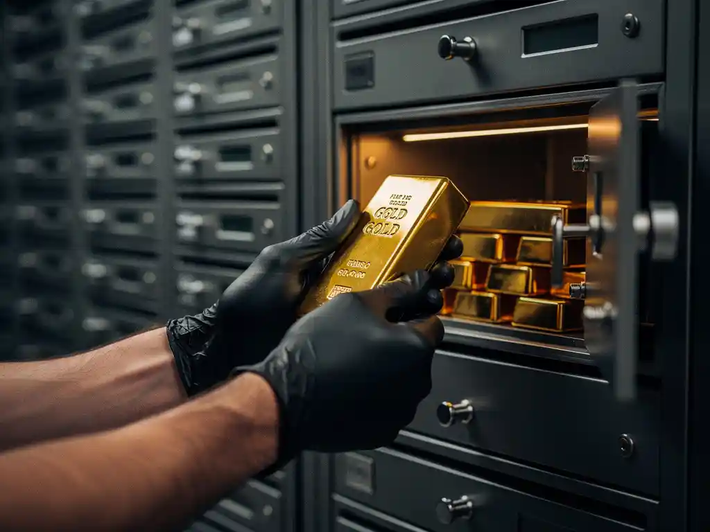 Goudstaaf wordt met gehandschoende handen uit moderne kluiscompartiment getild in veilige bewaarfaciliteit