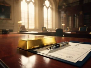 Gouden staaf op mahoniehout bankbalie naast vulpen en Nederlandse bankdocumenten in warm zonlicht