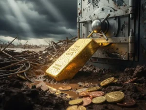 Gouden staaf half begraven in modderig overstromingspuin naast beschadigde kluisdeur, met verspreid liggende munten