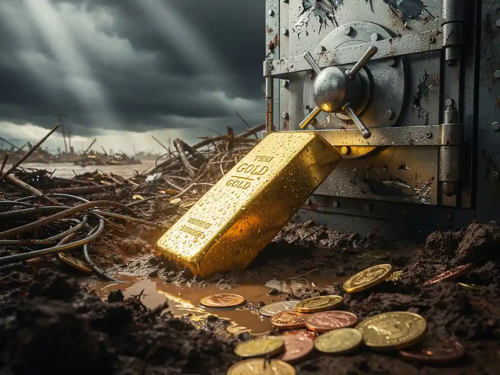 Gouden staaf half begraven in modderig overstromingspuin naast beschadigde kluisdeur, met verspreid liggende munten