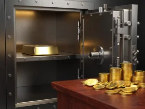 Goudstaaf in beveiligde kluis naast gouden munten op houten bureau, contrast tussen professionele en thuisopslag