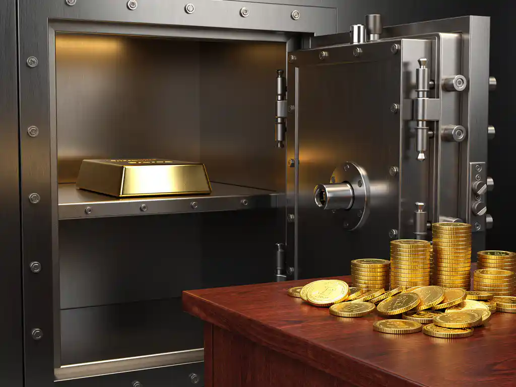 Goudstaaf in beveiligde kluis naast gouden munten op houten bureau, contrast tussen professionele en thuisopslag