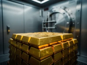 Goudstaven netjes gestapeld in rijen binnen moderne beveiligde kluis met stalen deuren op achtergrond